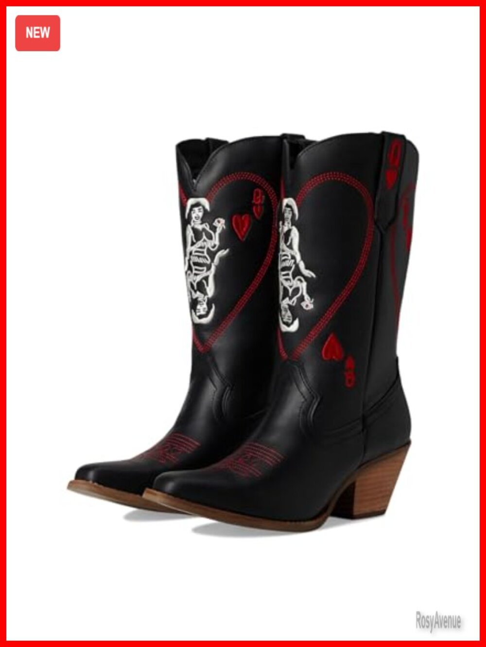 Dingo Queen of Hearts Embroidered Leather Mid Calf Cowboy Boots Round Toe